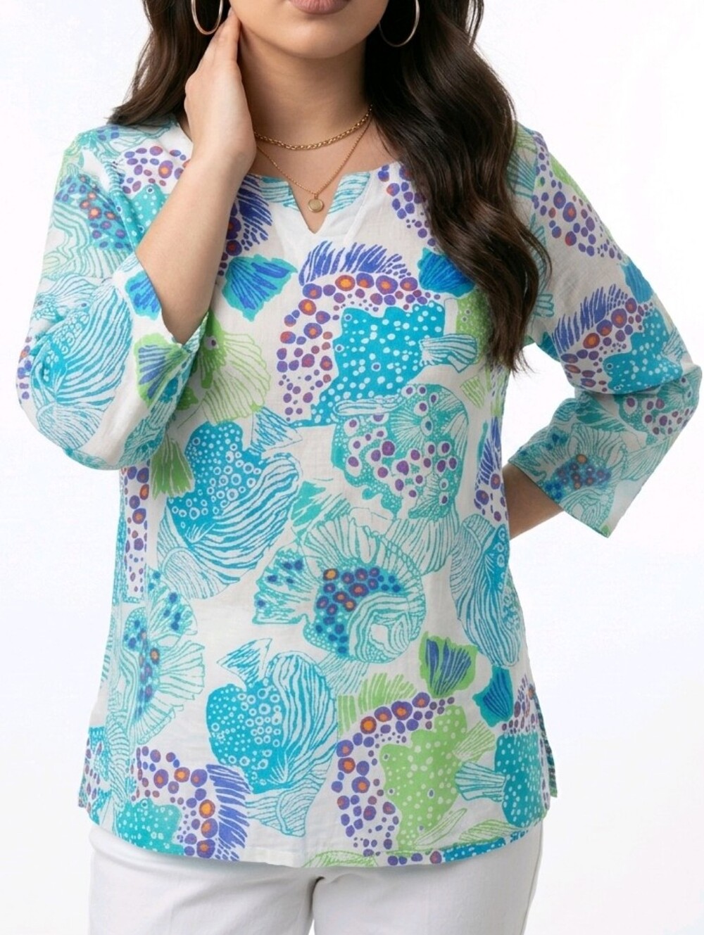 iCantoo White Tunic with Blue & Green Abstract Print Cotton 2XL